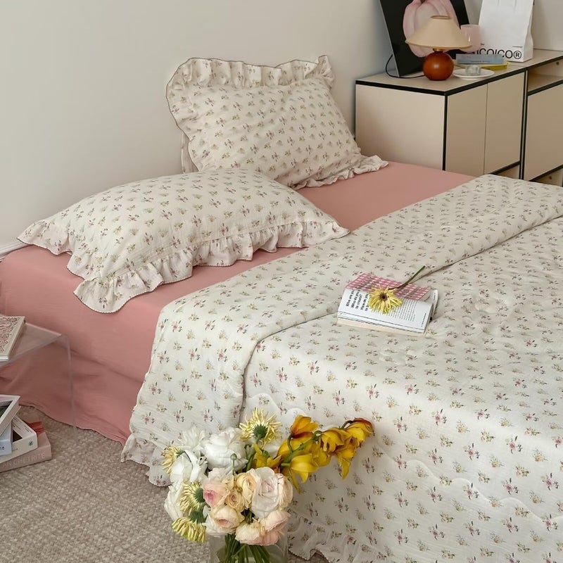 BuLuTu Muslin Kids Comforter with Ruffles 59"x79", Shabby Chic Azalea Floral Print on Beige Quilted Blanket, Double-Layer Gauze Cotton Children Bed Blanket, Bedspread Coverlet, Lightweight Breathable - Image 3